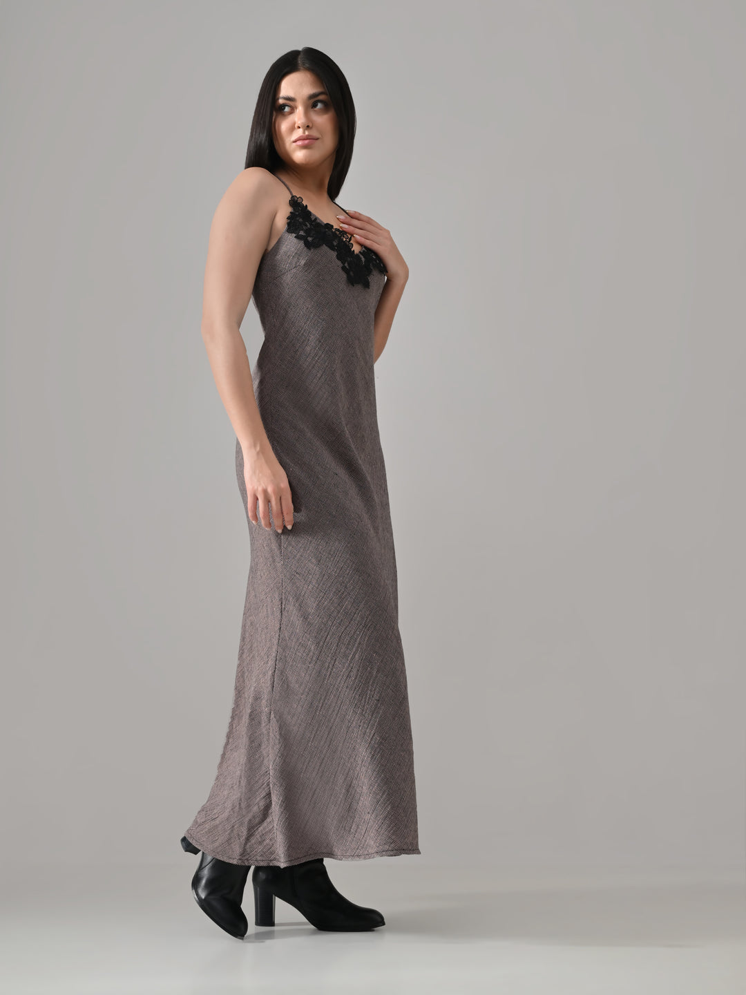 Kalon – Brown Checkered A-Line Dress