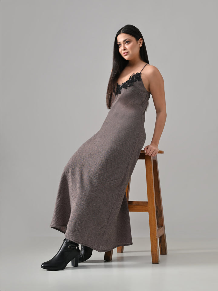 Kalon – Brown Checkered A-Line Dress