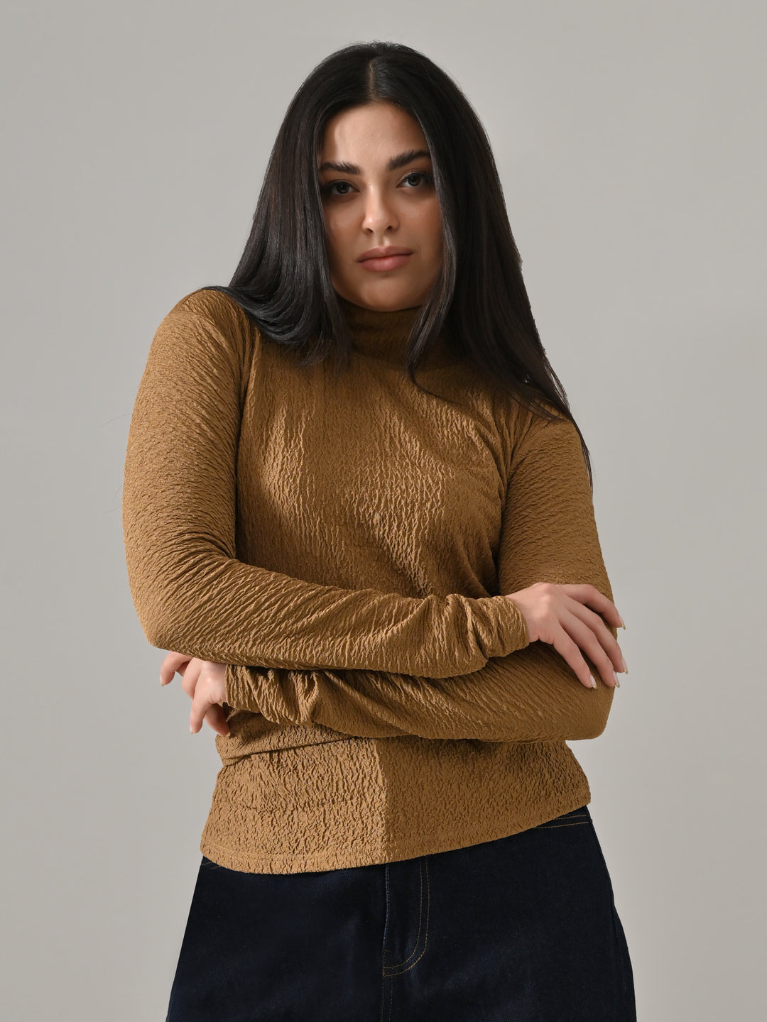 Sydney – Brown Textured Turtle Neck Top