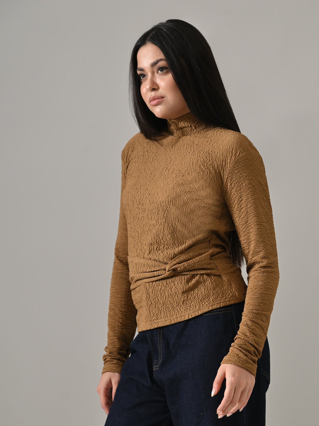 Sydney – Brown Textured Turtle Neck Top