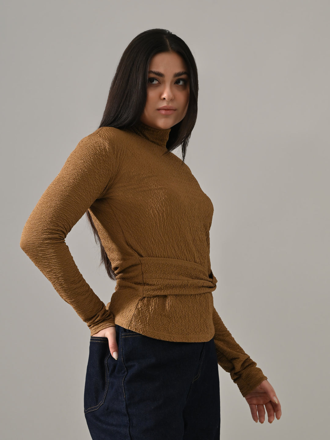 Sydney – Brown Textured Turtle Neck Top