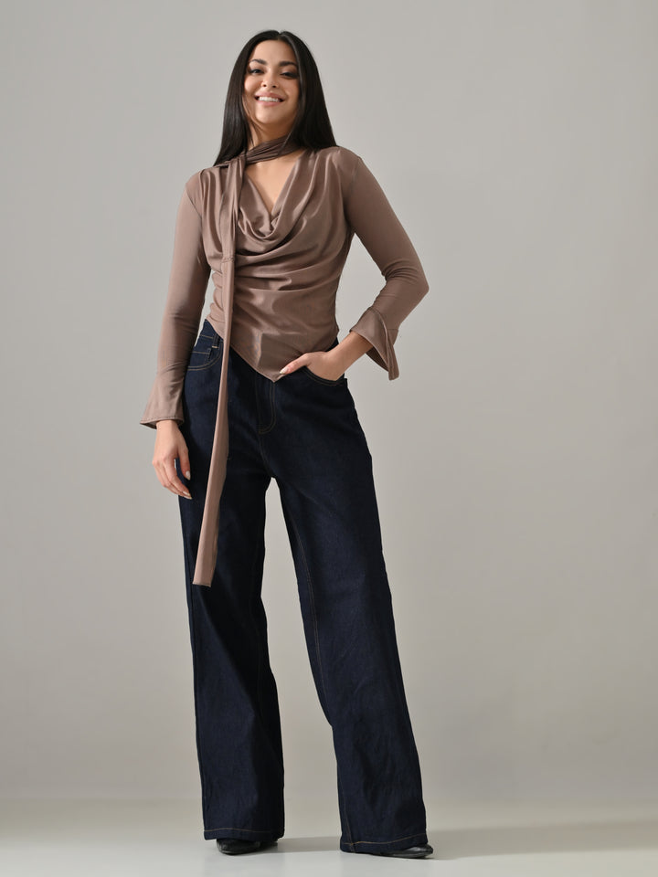 DACOTA FAWN MESH COWL NECK TOP (FAWN)