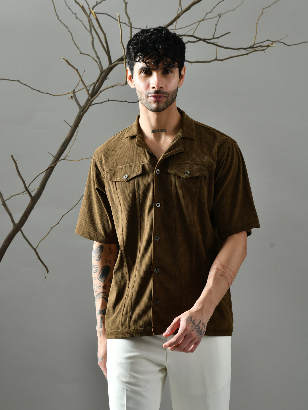 Loose Fit Corduroy Shirt (Olive Green)