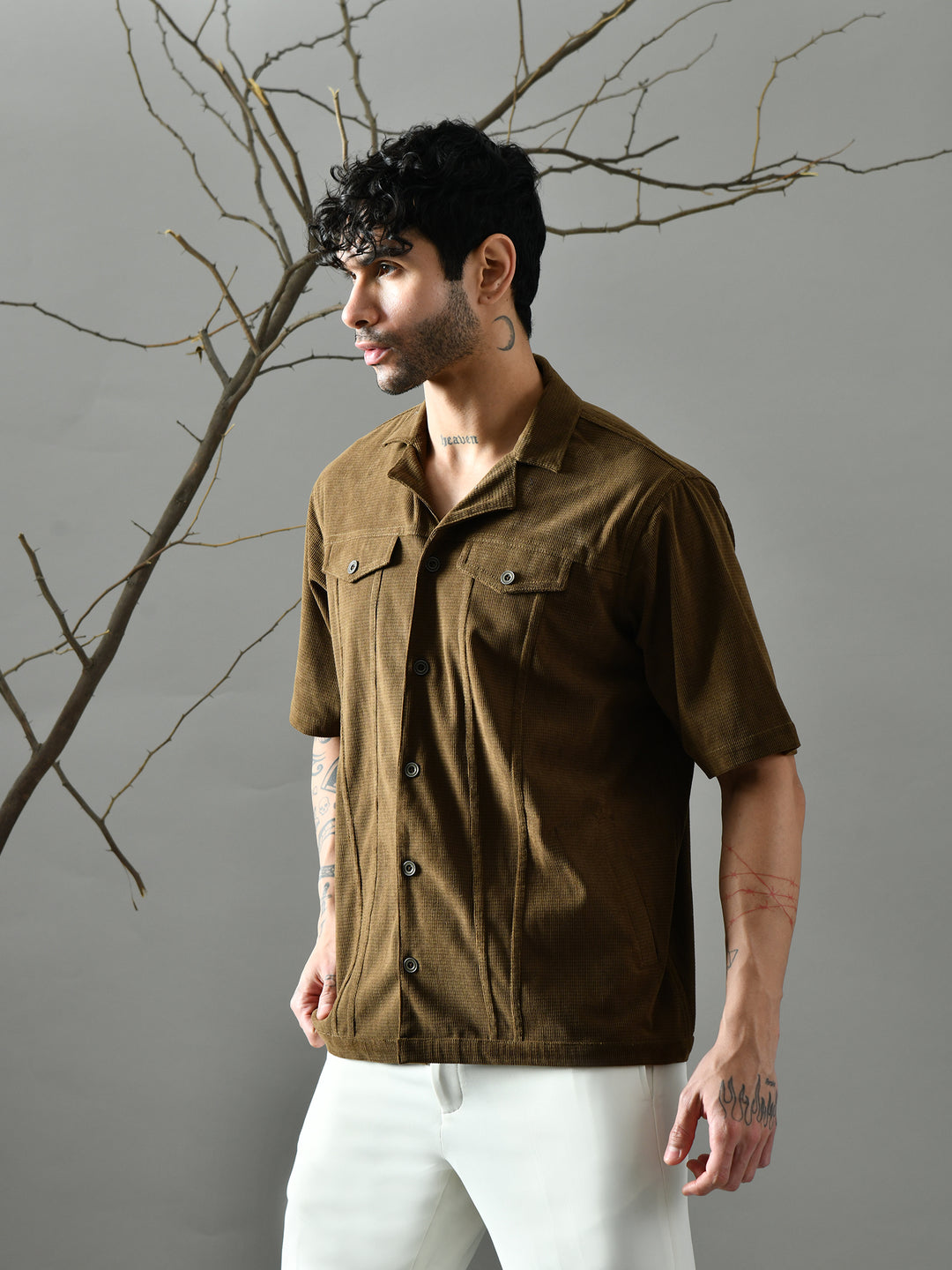 Loose Fit Corduroy Shirt (Olive Green)