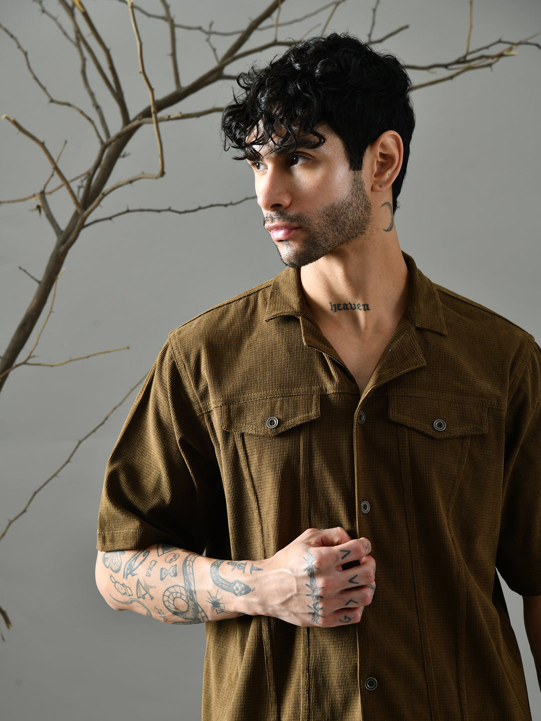 Loose Fit Corduroy Shirt (Olive Green)