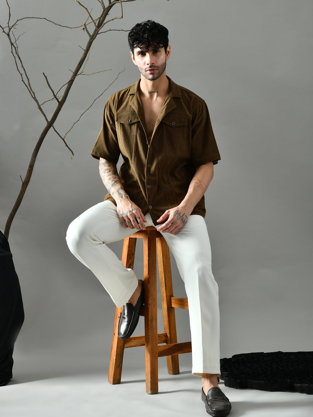 Loose Fit Corduroy Shirt (Olive Green)