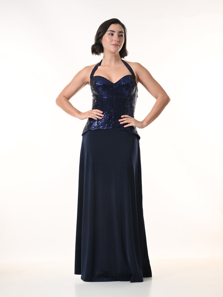 MIRAGE Navy Sequin Halter Evening Dress