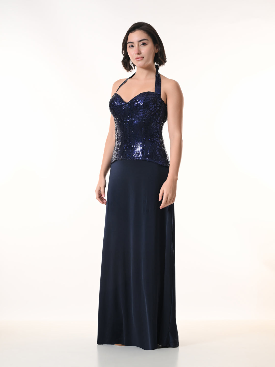 MIRAGE Navy Sequin Halter Evening Dress