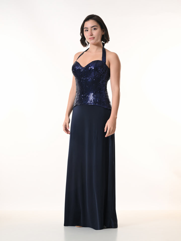 MIRAGE Navy Sequin Halter Evening Dress