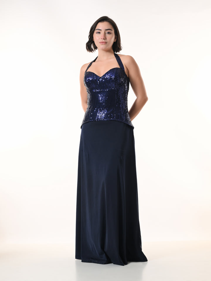 MIRAGE Navy Sequin Halter Evening Dress