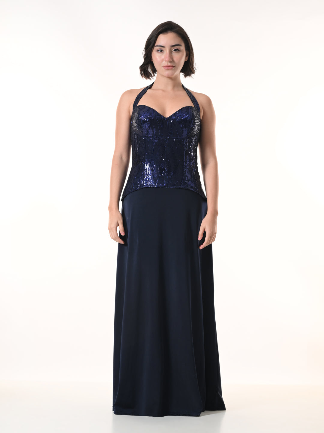 MIRAGE Navy Sequin Halter Evening Dress