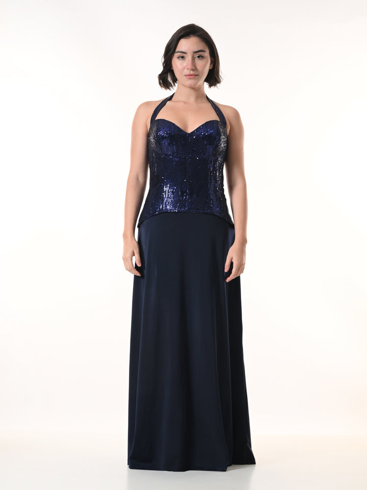 MIRAGE Navy Sequin Halter Evening Dress