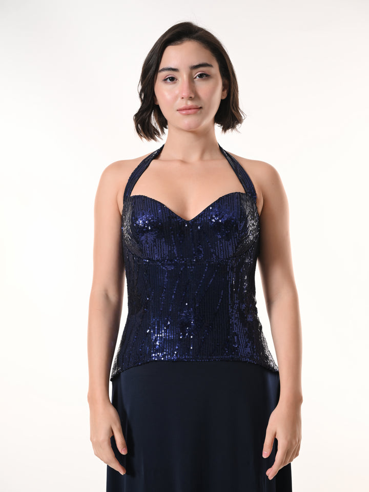 MIRAGE Navy Sequin Halter Evening Dress