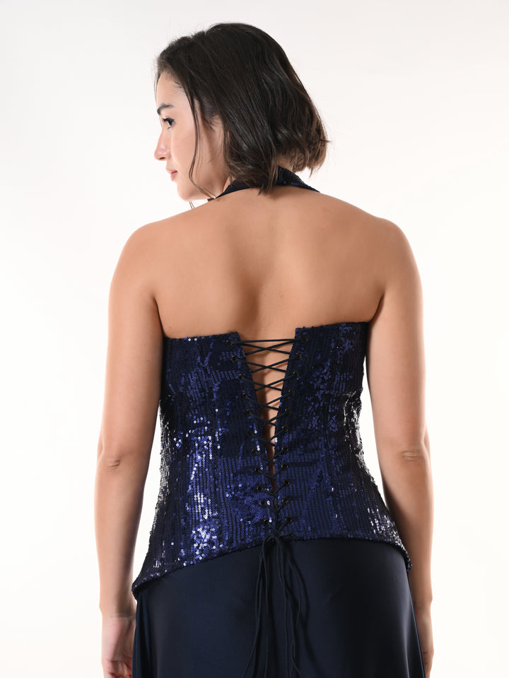 MIRAGE Navy Sequin Halter Evening Dress