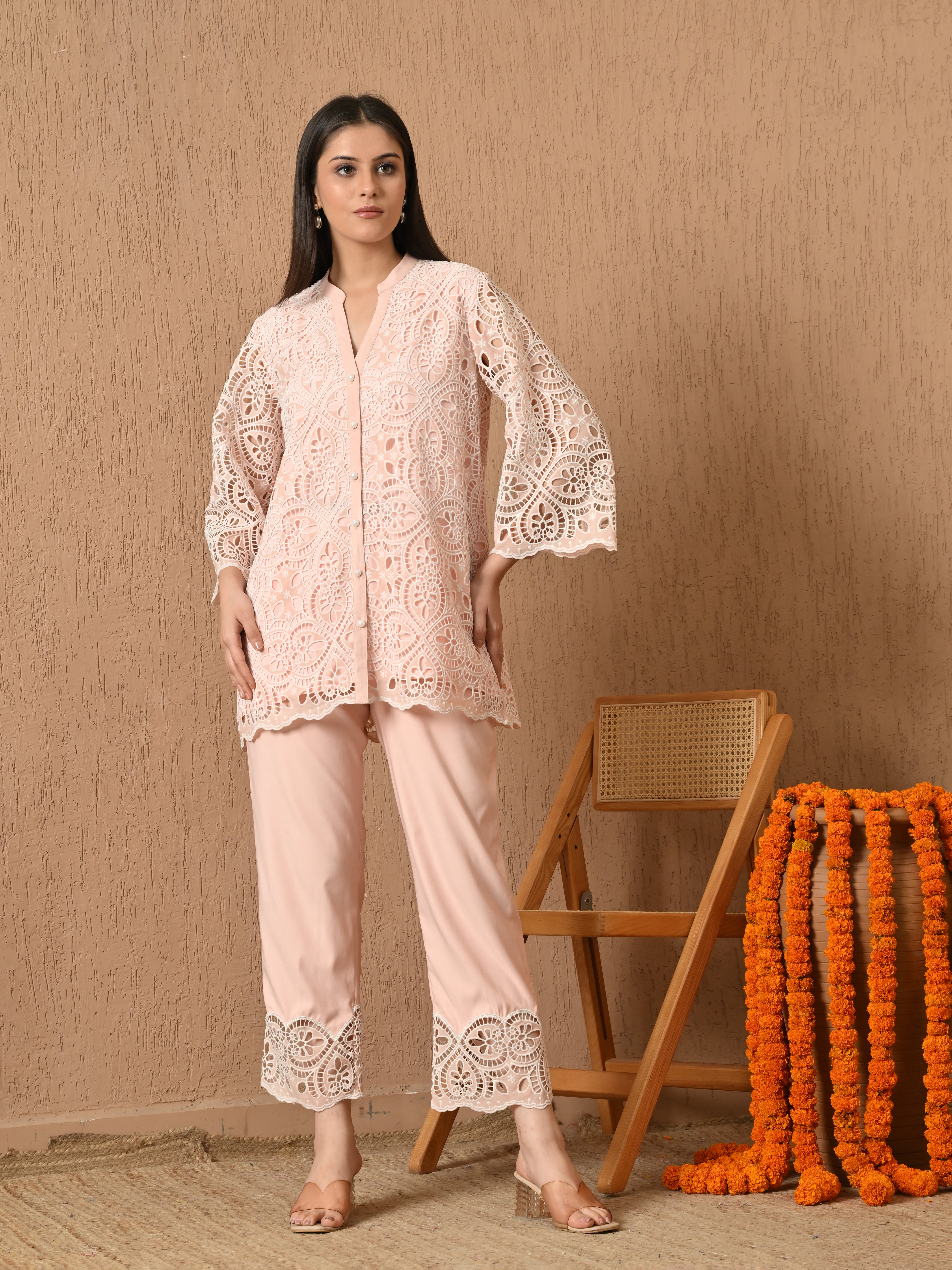 Juna Loose Fit Schiffli Co-Ord Set (Baby Pink)