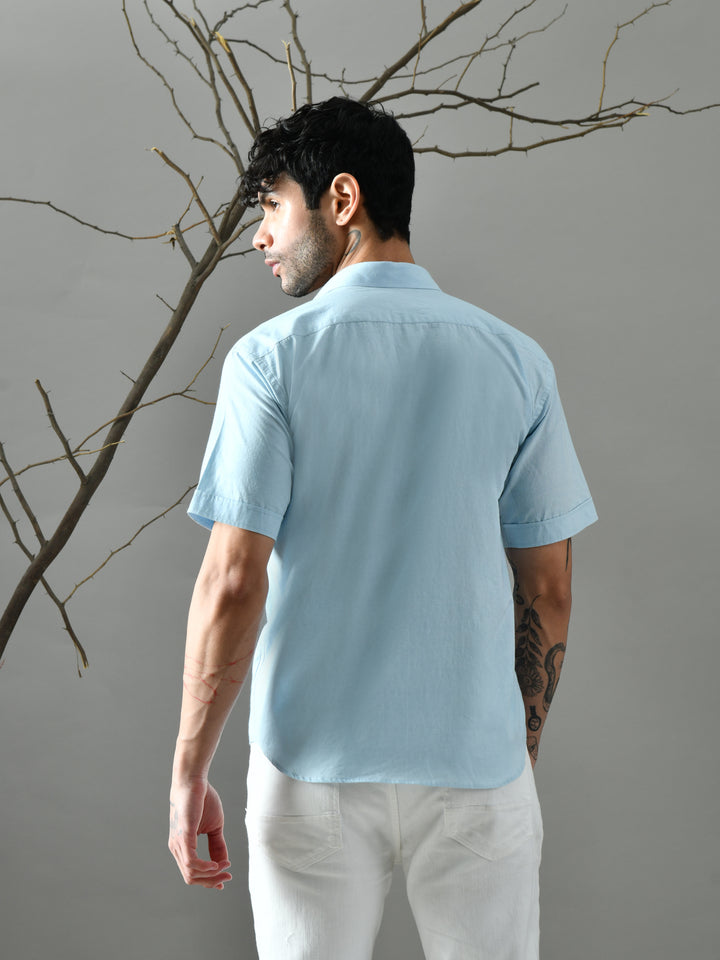 Straight Fit Embroidered Poplin Shirt (Powder Blue)
