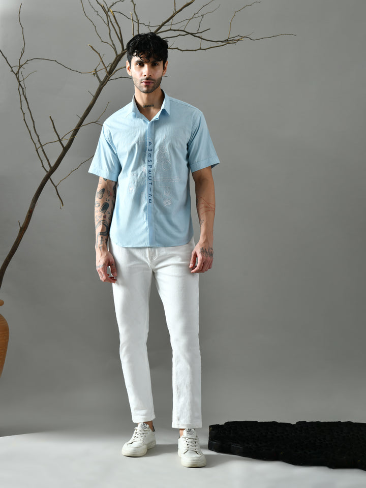 Straight Fit Embroidered Poplin Shirt (Powder Blue)