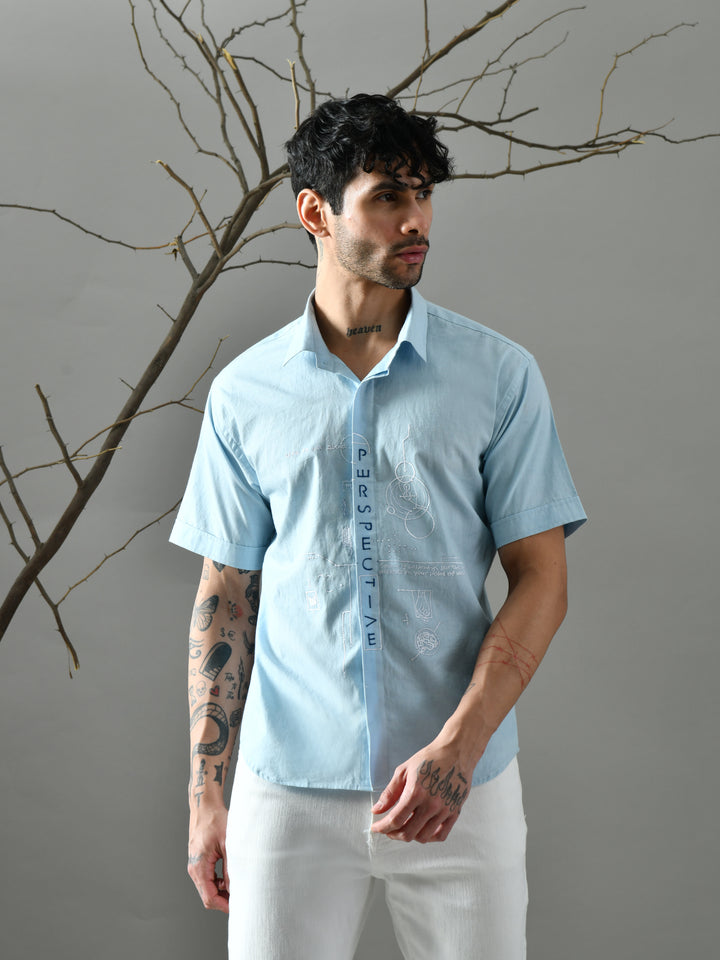 Straight Fit Embroidered Poplin Shirt (Powder Blue)