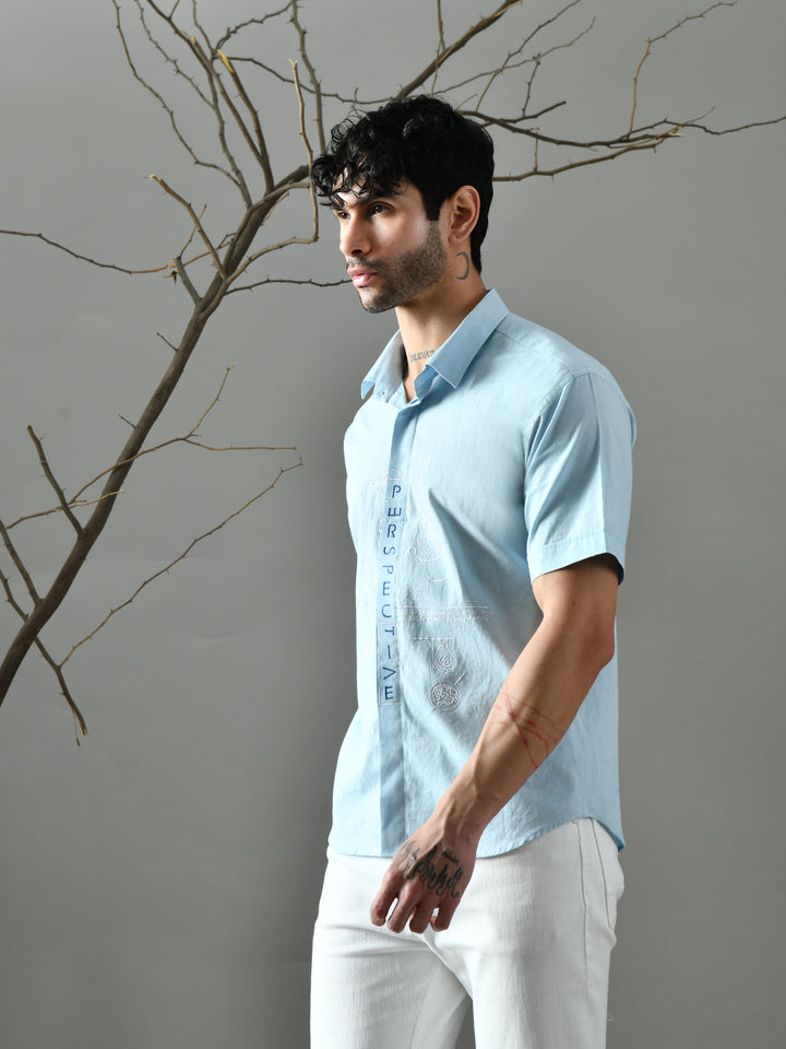 Straight Fit Embroidered Poplin Shirt (Powder Blue)