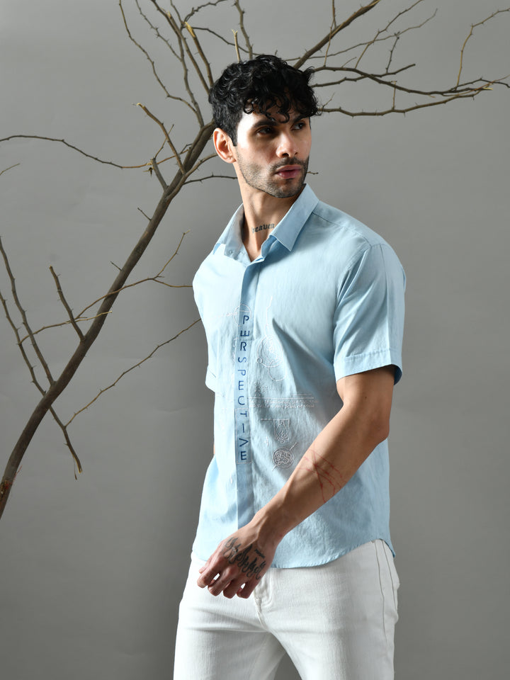 Straight Fit Embroidered Poplin Shirt (Powder Blue)