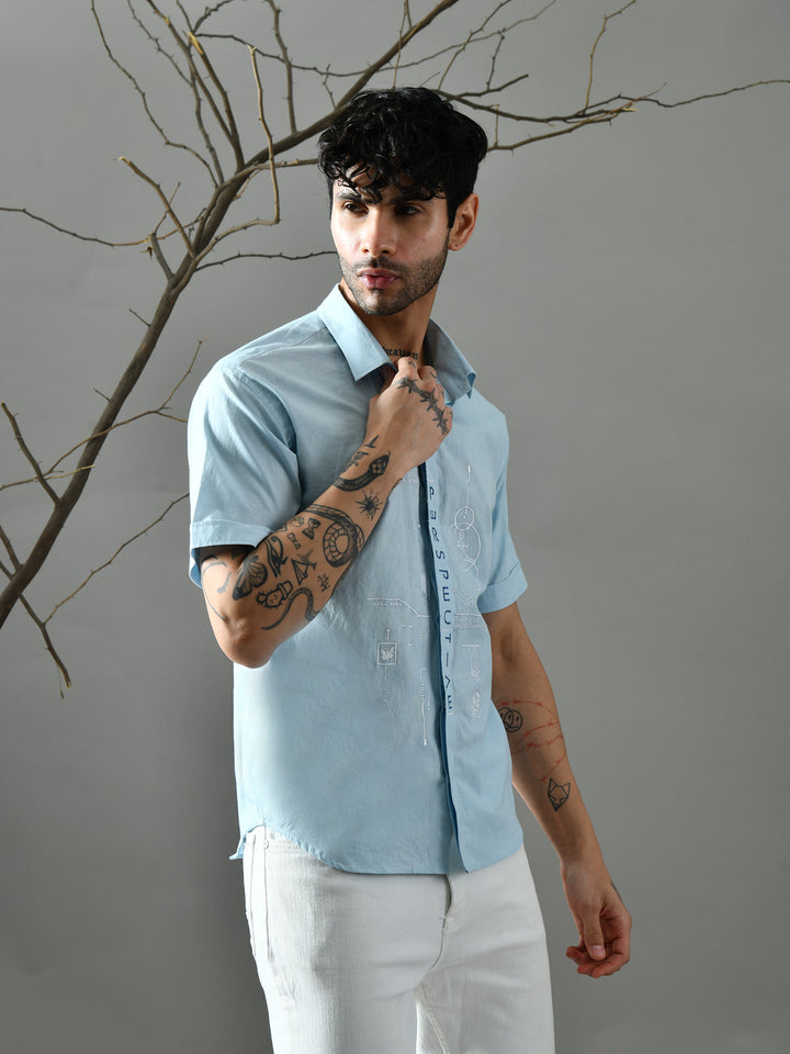 Straight Fit Embroidered Poplin Shirt (Powder Blue)