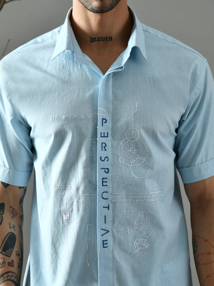Straight Fit Embroidered Poplin Shirt (Powder Blue)