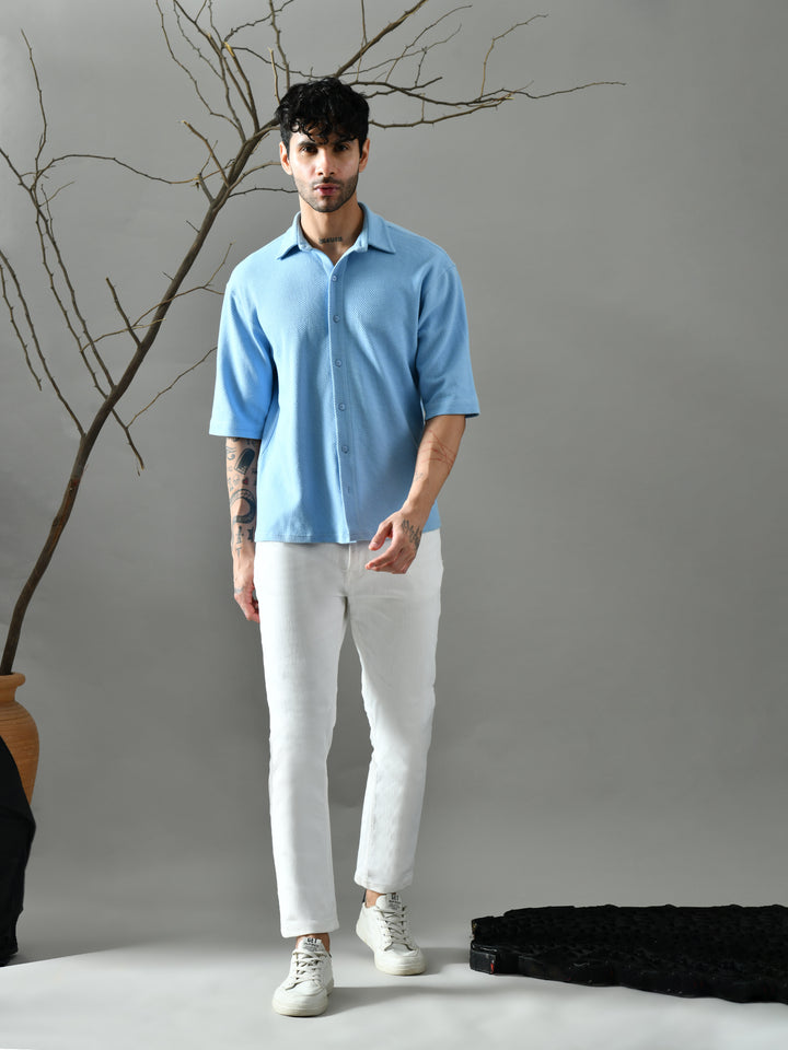 Loose Fit Waffle Knit Shirt (Sky Blue)