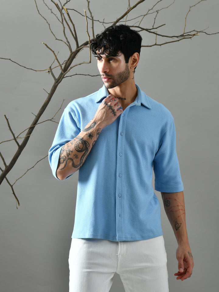 Loose Fit Waffle Knit Shirt (Sky Blue)