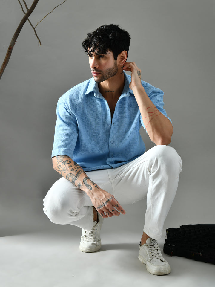 Loose Fit Waffle Knit Shirt (Sky Blue)