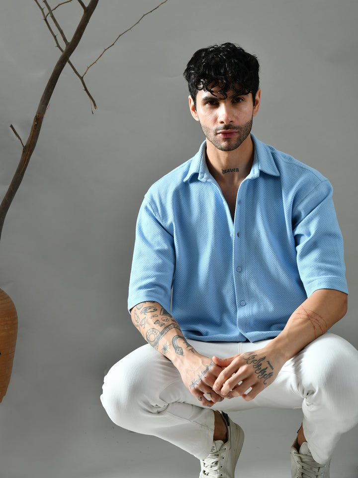 Loose Fit Waffle Knit Shirt (Sky Blue)