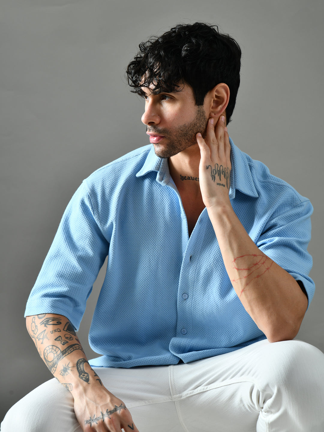 Loose Fit Waffle Knit Shirt (Sky Blue)