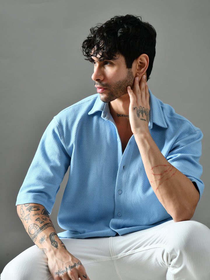 Loose Fit Waffle Knit Shirt (Sky Blue)