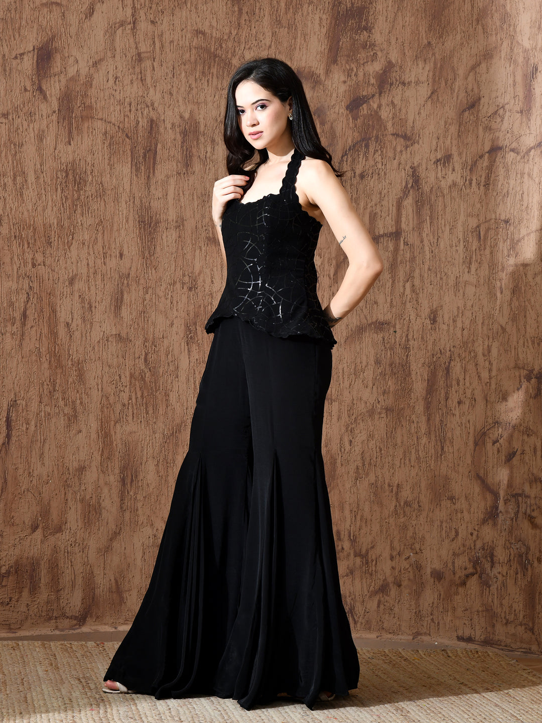 Kaila Black Sequins Indo-Western Sharara Set (Black)