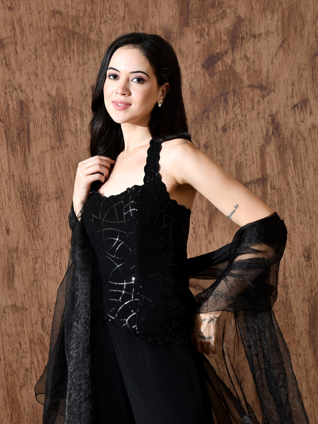 Kaila Black Sequins Indo-Western Sharara Set (Black)