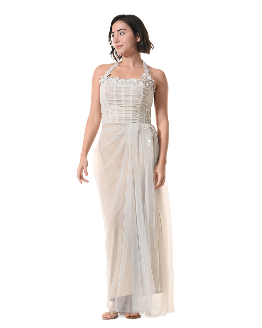 NUDE, Embellished Drape Dress(Soft Beige)