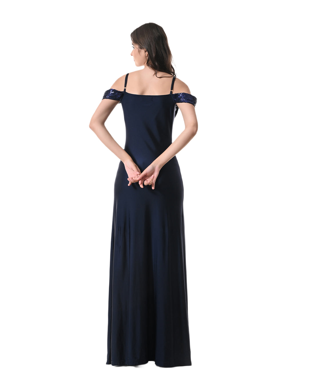 NASHIRA, Navy Off-Shoulder Sequin Drape Dress