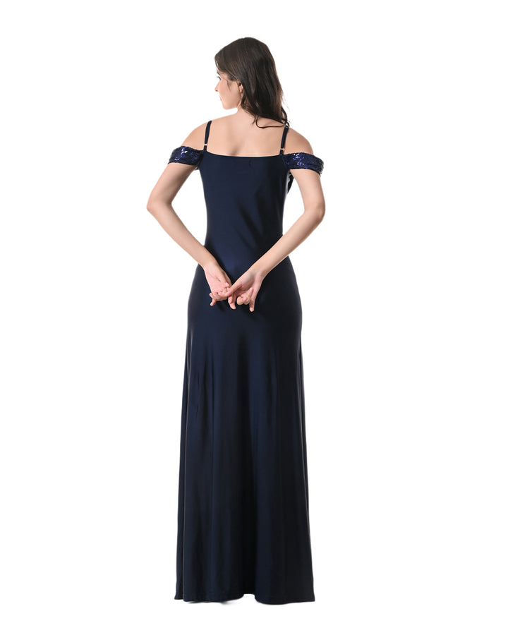 NASHIRA, Navy Off-Shoulder Sequin Drape Dress