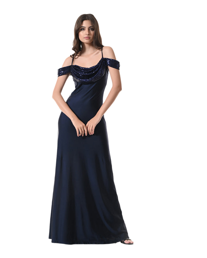 NASHIRA, Navy Off-Shoulder Sequin Drape Dress
