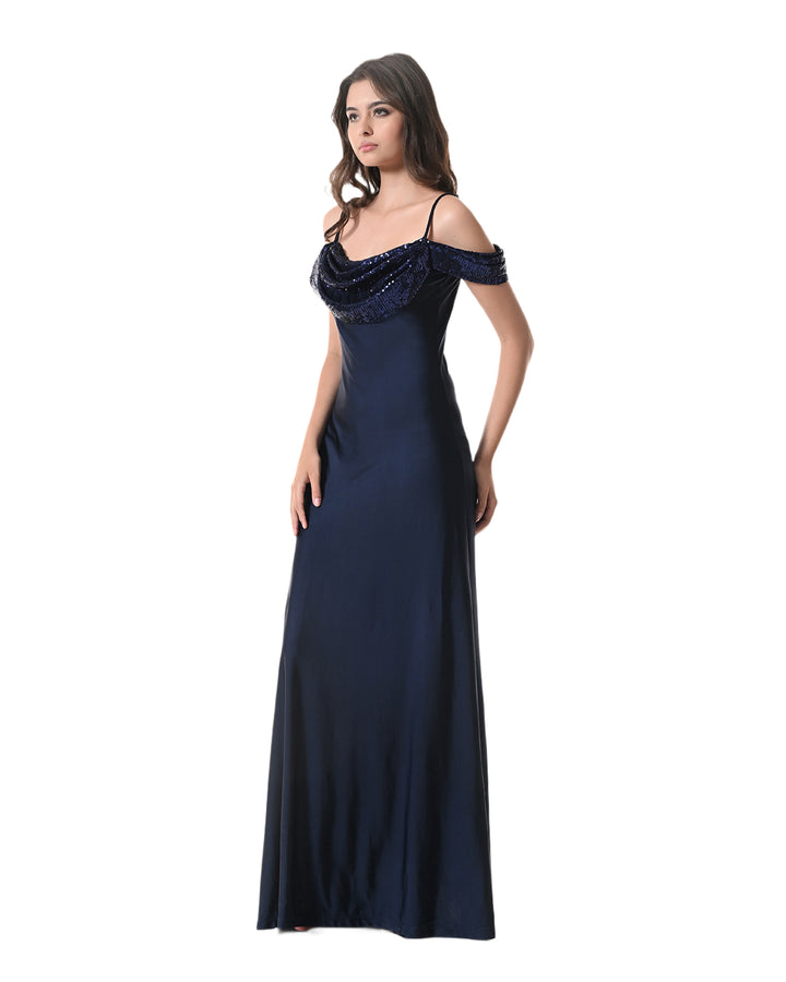 NASHIRA, Navy Off-Shoulder Sequin Drape Dress