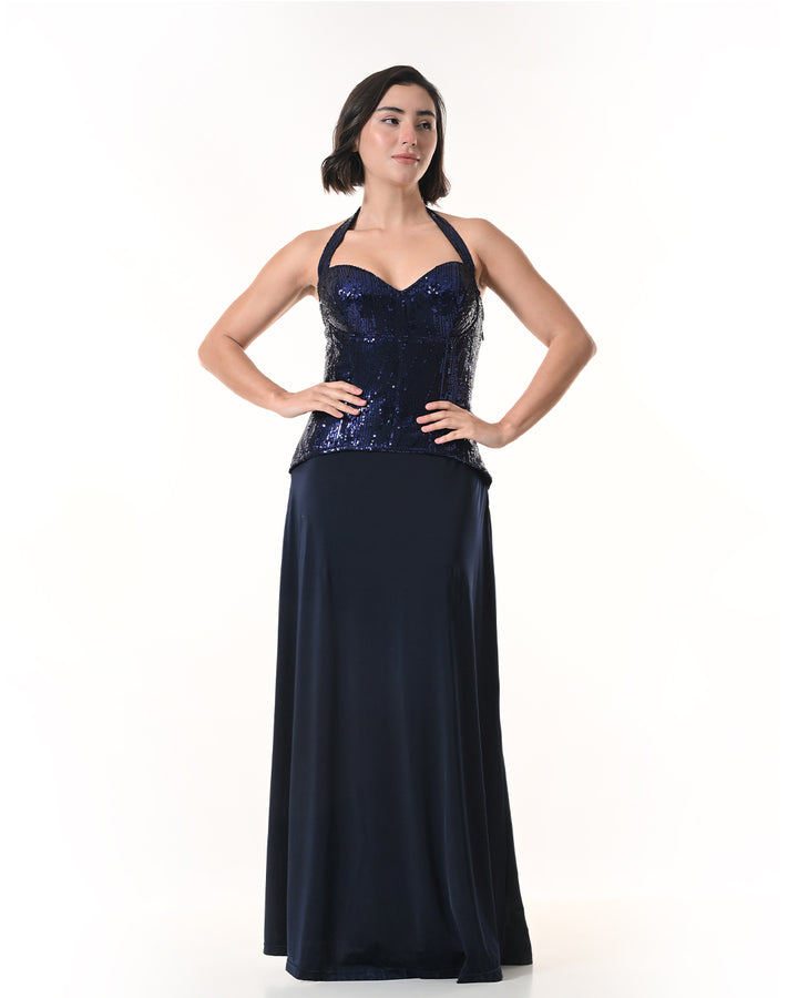 MIRAGE Navy Sequin Halter Evening Dress
