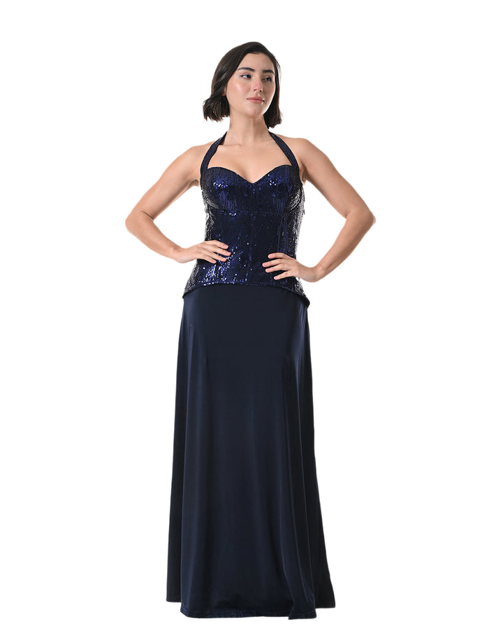 MIRAGE Navy Sequin Halter Evening Dress