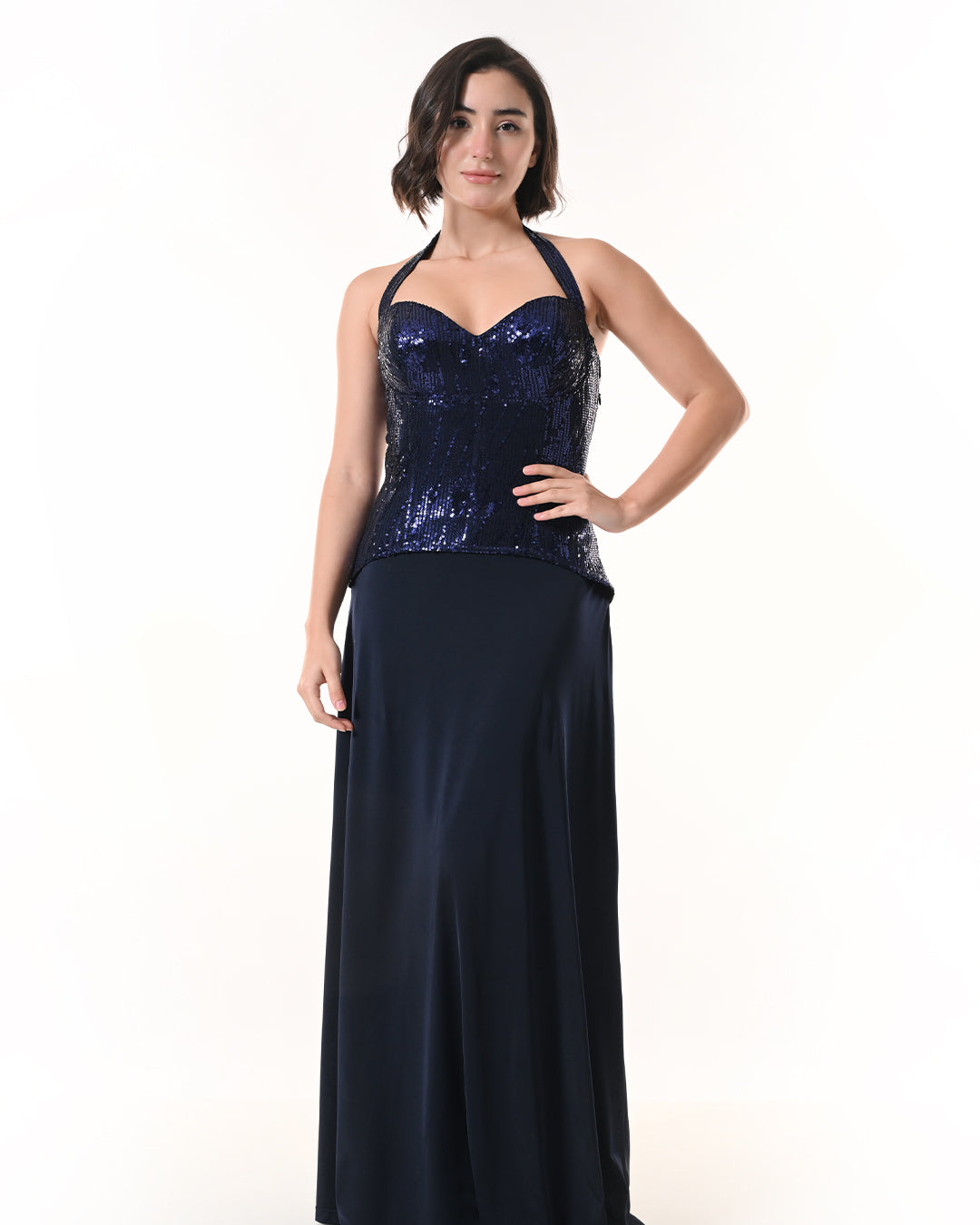 MIRAGE Navy Sequin Halter Evening Dress