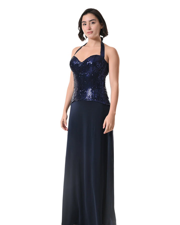 MIRAGE Navy Sequin Halter Evening Dress