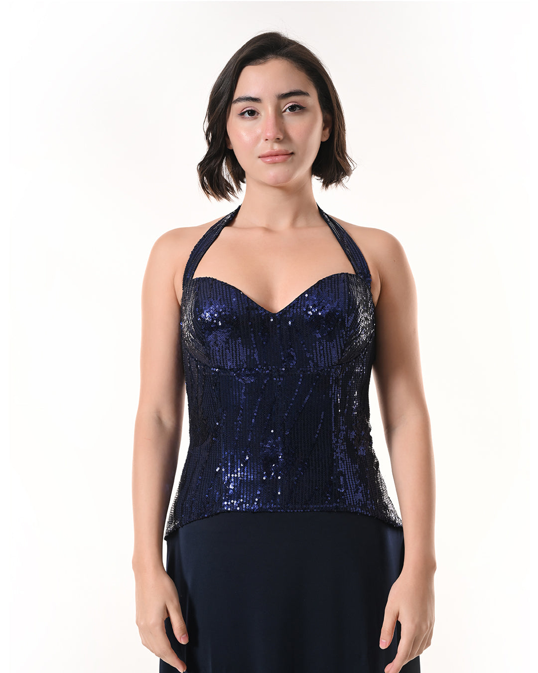 MIRAGE Navy Sequin Halter Evening Dress
