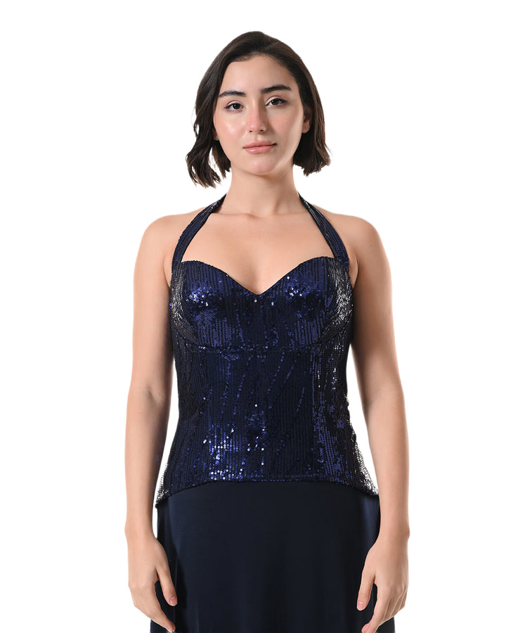 MIRAGE Navy Sequin Halter Evening Dress