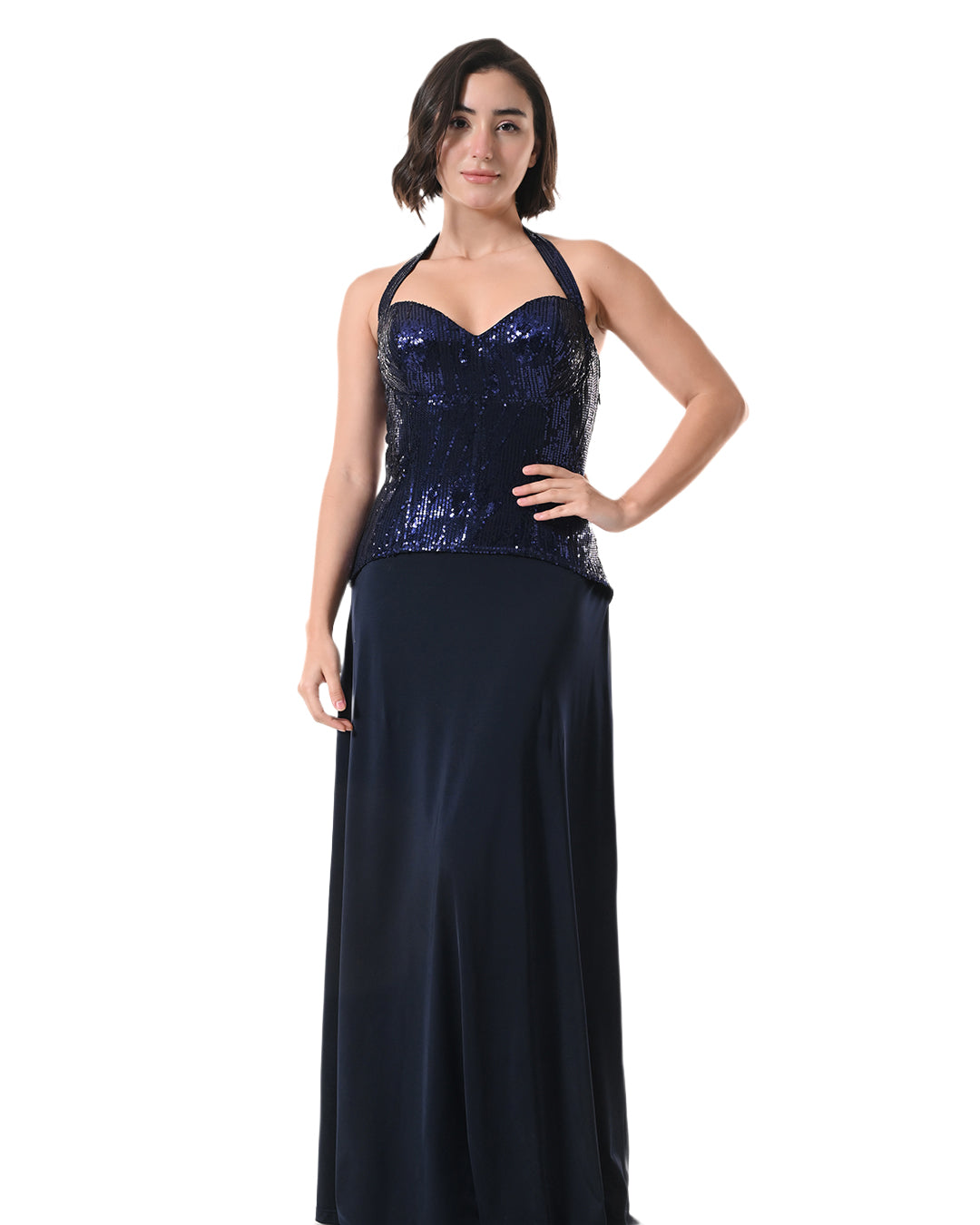 MIRAGE Navy Sequin Halter Evening Dress