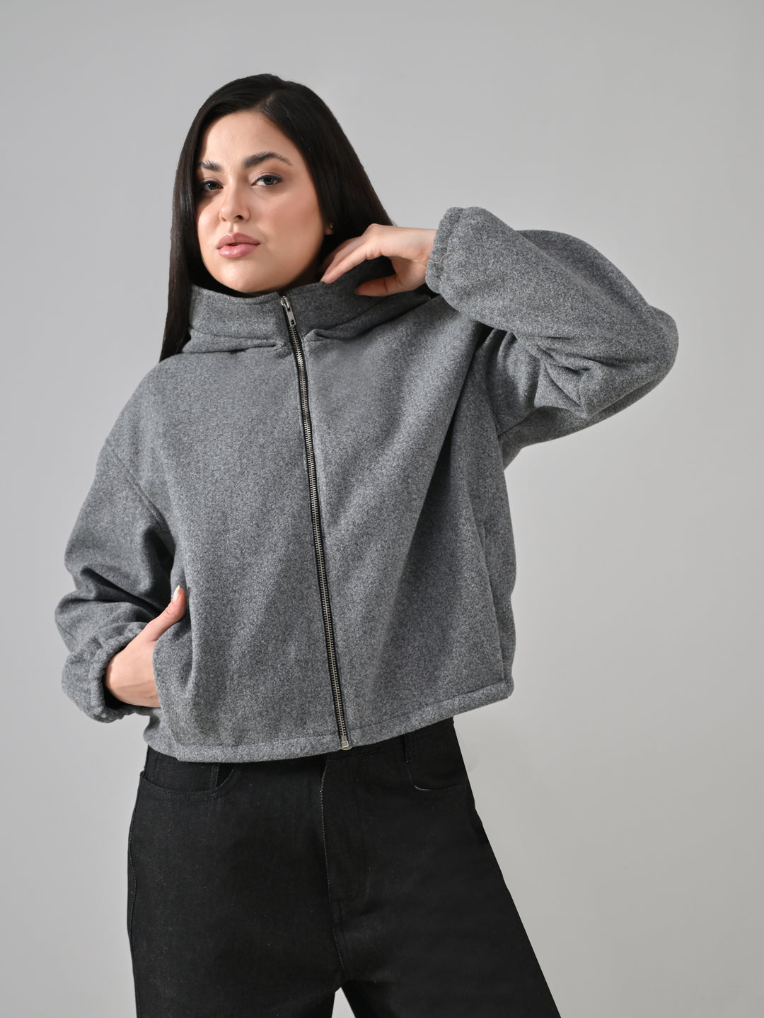 LIGHT GREY DRILL FELT CROP OVERSIZED JACKET (LIGHT GREY)