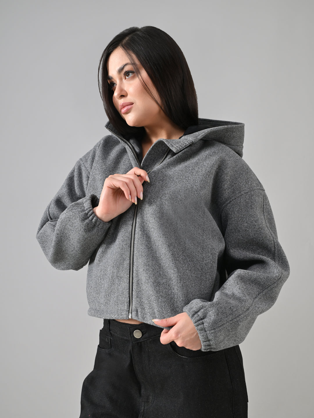 LIGHT GREY DRILL FELT CROP OVERSIZED JACKET (LIGHT GREY)