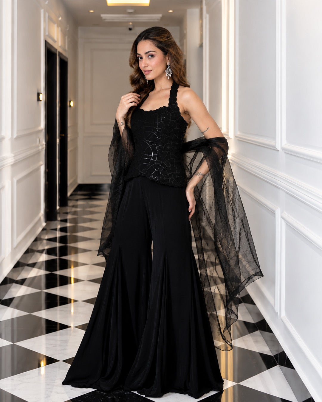 Kaila Black Sequins Indo-Western Sharara Set (Black)