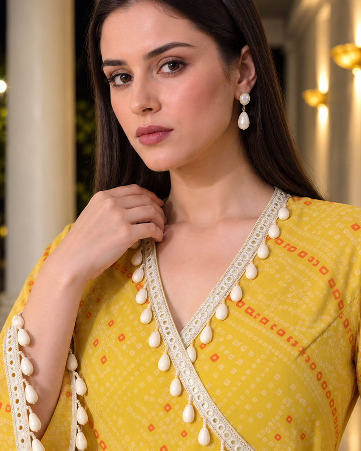 Kiara, Bandhani, Indo-Western angrakha sharara set(YELLOW)